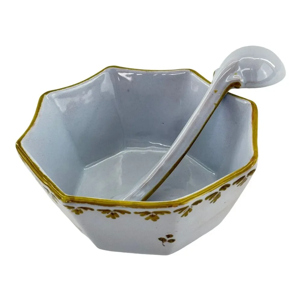 Vintage Mid Century Italian Octagon Soup Bowl Spoon Golden Leaves Made In Italy